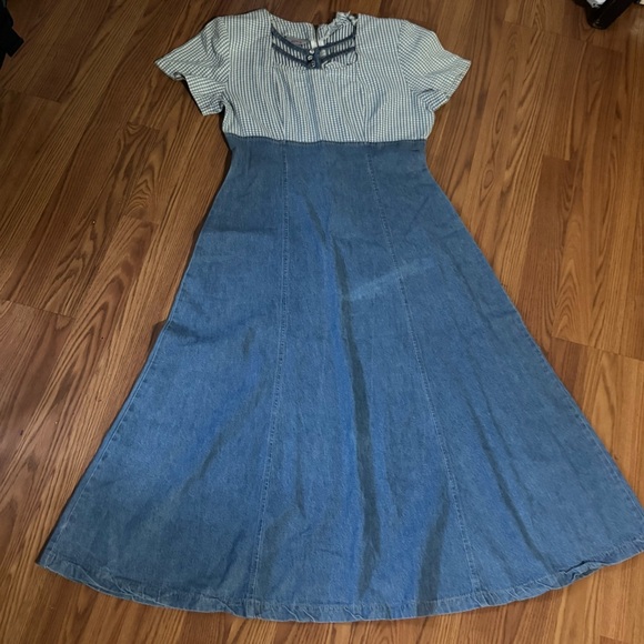 Vintage Lira Denim Blue Gingham Short Sleeve Baby Doll Maxi Dress Y2k Western - Picture 1 of 7